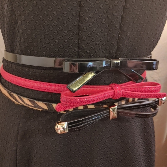 White House Black Market 3 Thin Textured Waist Belts Bows Black Red Animal Print - Picture 6 of 16